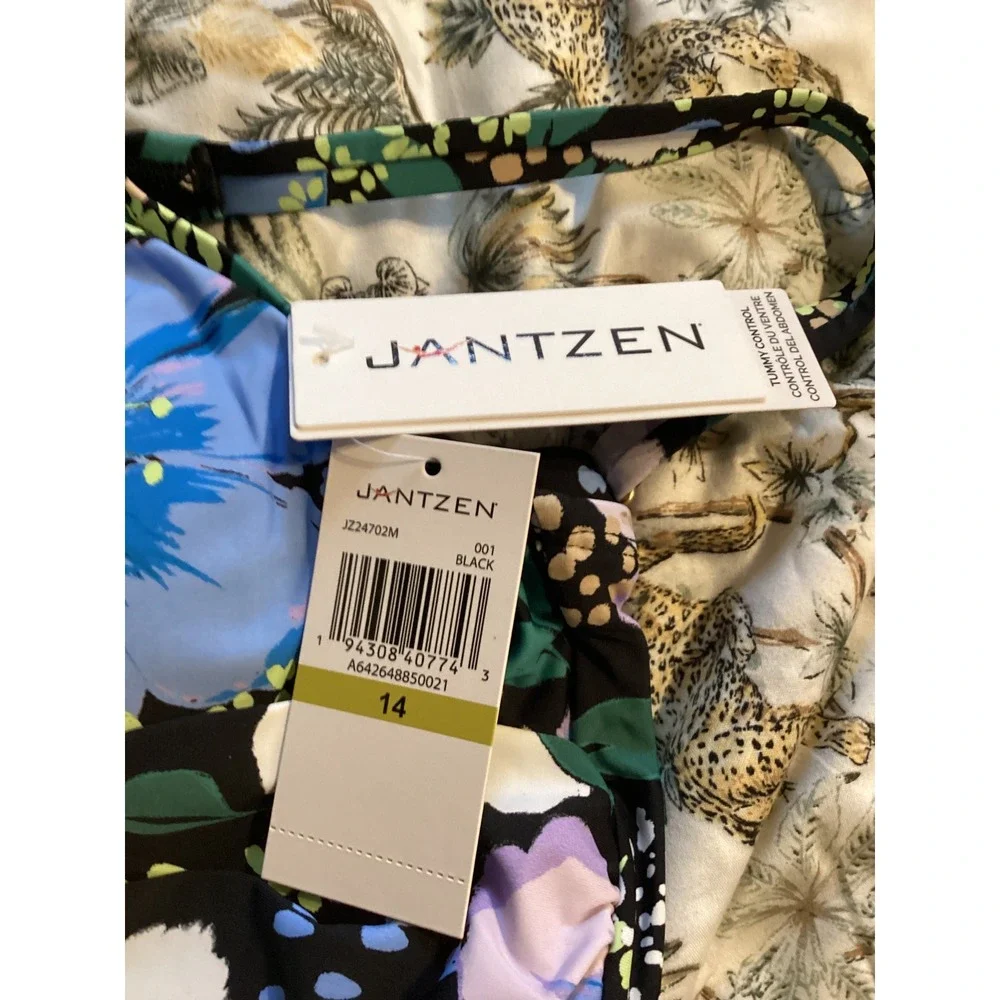 Jantzen Womens Floral Breeze‎ One Piece Swimsuit Tummy Control Black Blue 14 NEW